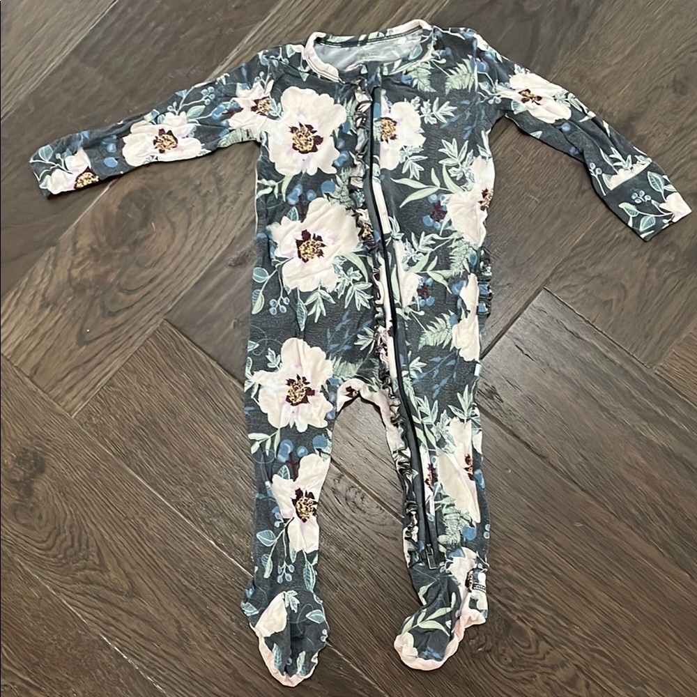 Posh Peanut Gray and Pink Floral Footies with Attached Feet